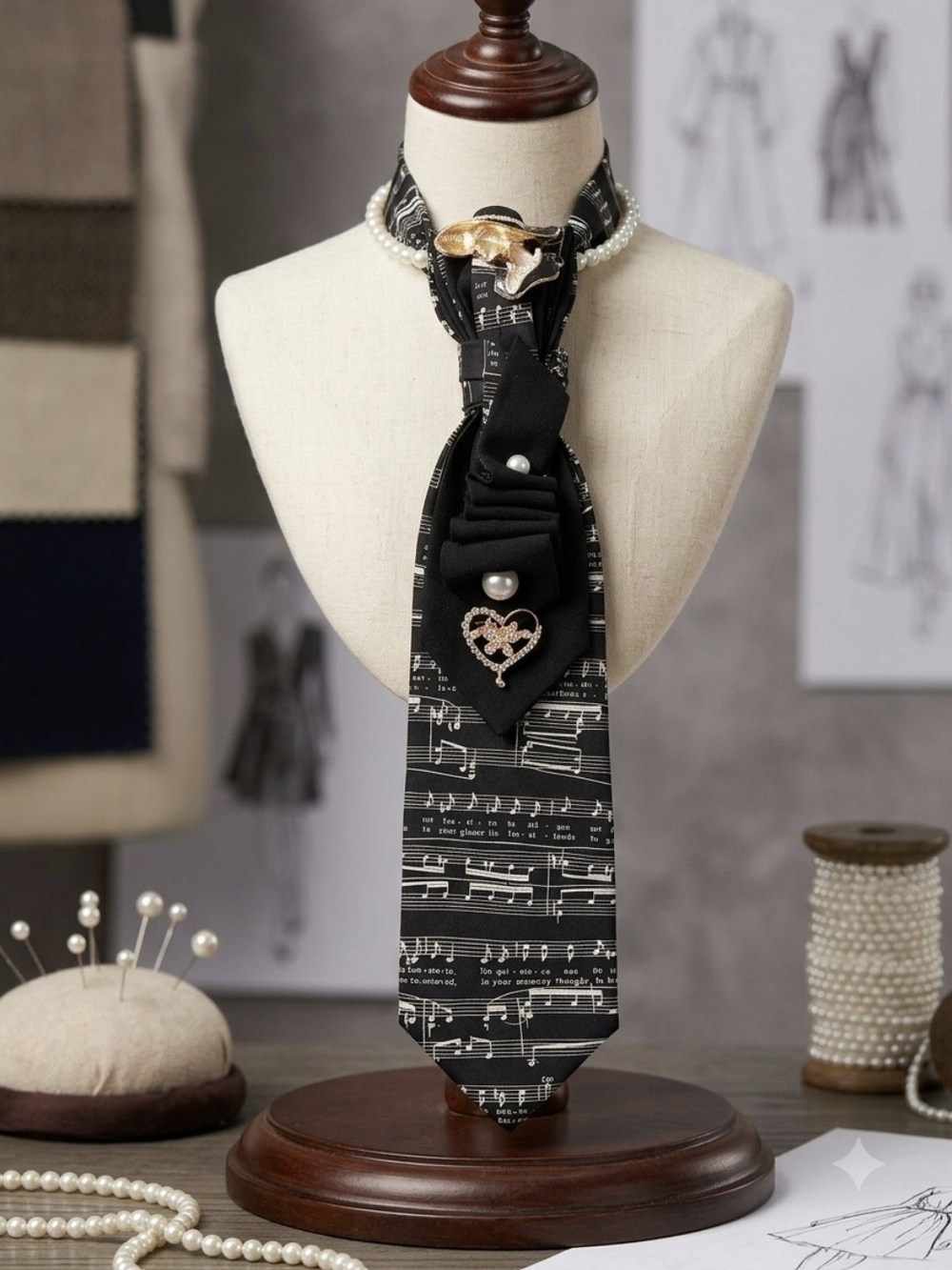 Black Musical Note Men's Scarf-Tie Accessory with Pearl and Brooch